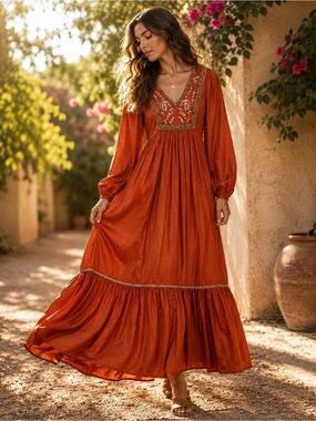 Ex Voto Chili Orange Embroidered Beaded Boho Maxi Dress Medium NWT
